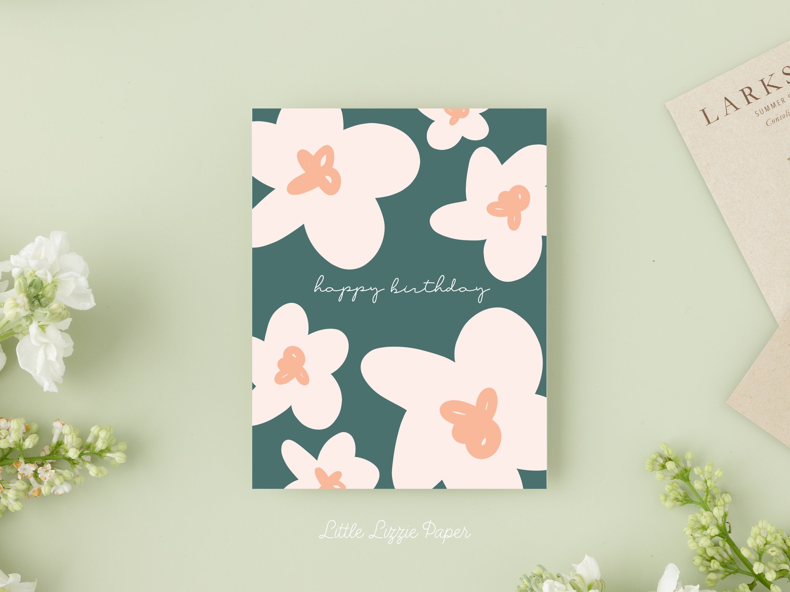 Happy Birthday Teal Floral Card – Birthday Card – Friendship Card – Folded 4.25 x 5.5 Greeting Card – Social Stationery