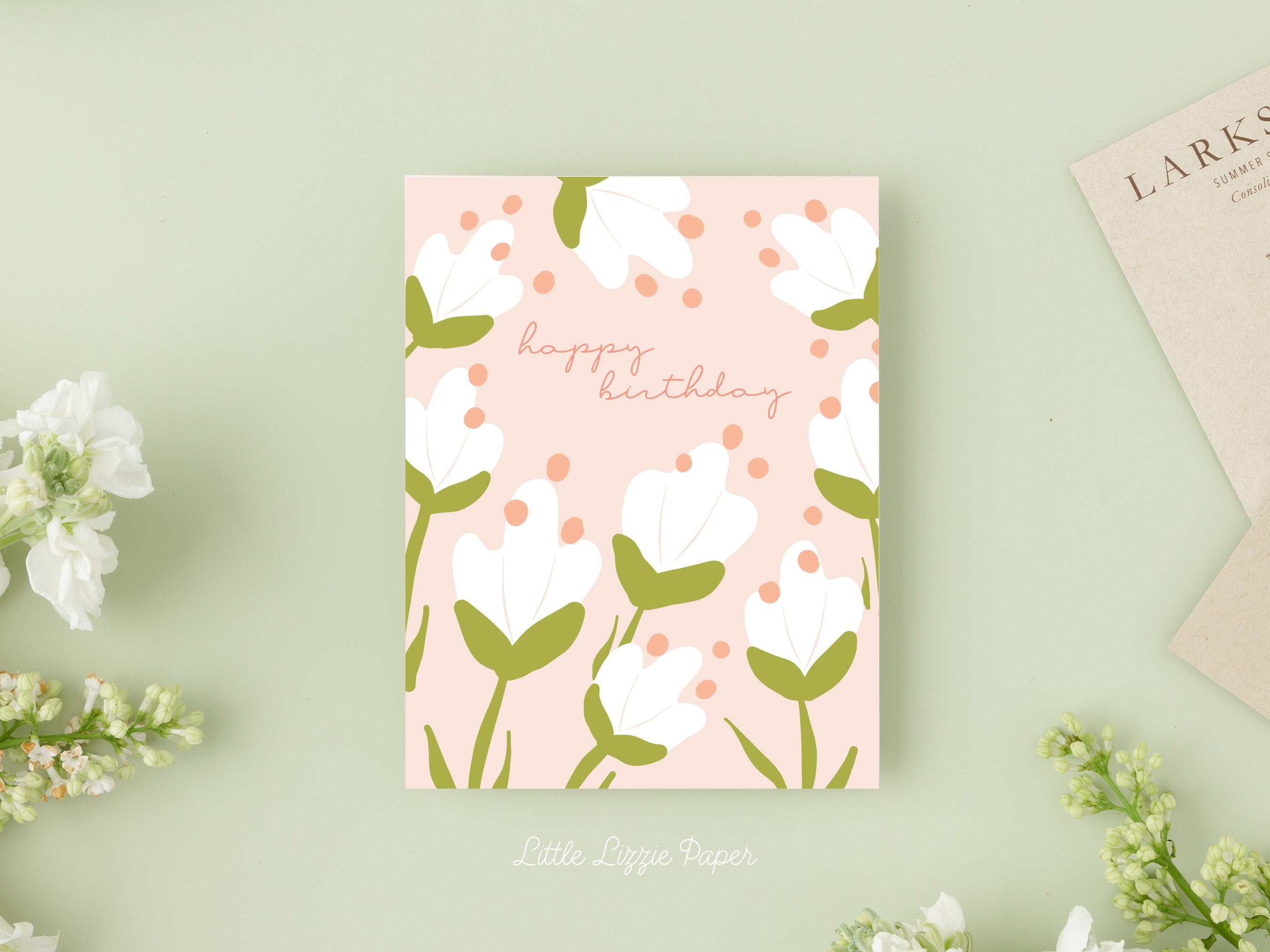 Happy Birthday White Floral Card – Birthday Card – Friendship Card – Folded 4.25 x 5.5 Greeting Card – Social Stationery