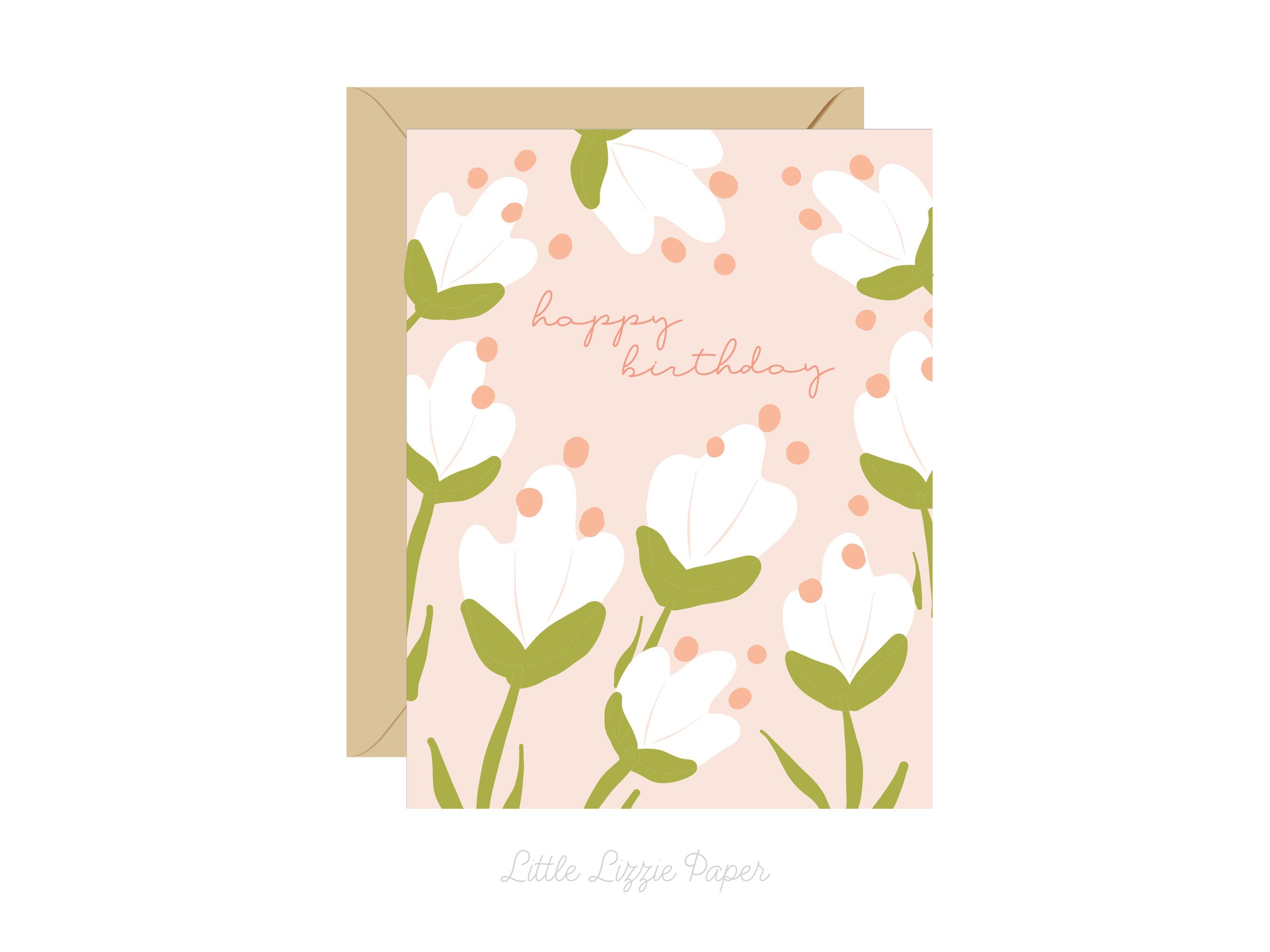 Happy Birthday White Floral Card – Birthday Card – Friendship Card – Folded 4.25 x 5.5 Greeting Card – Social Stationery