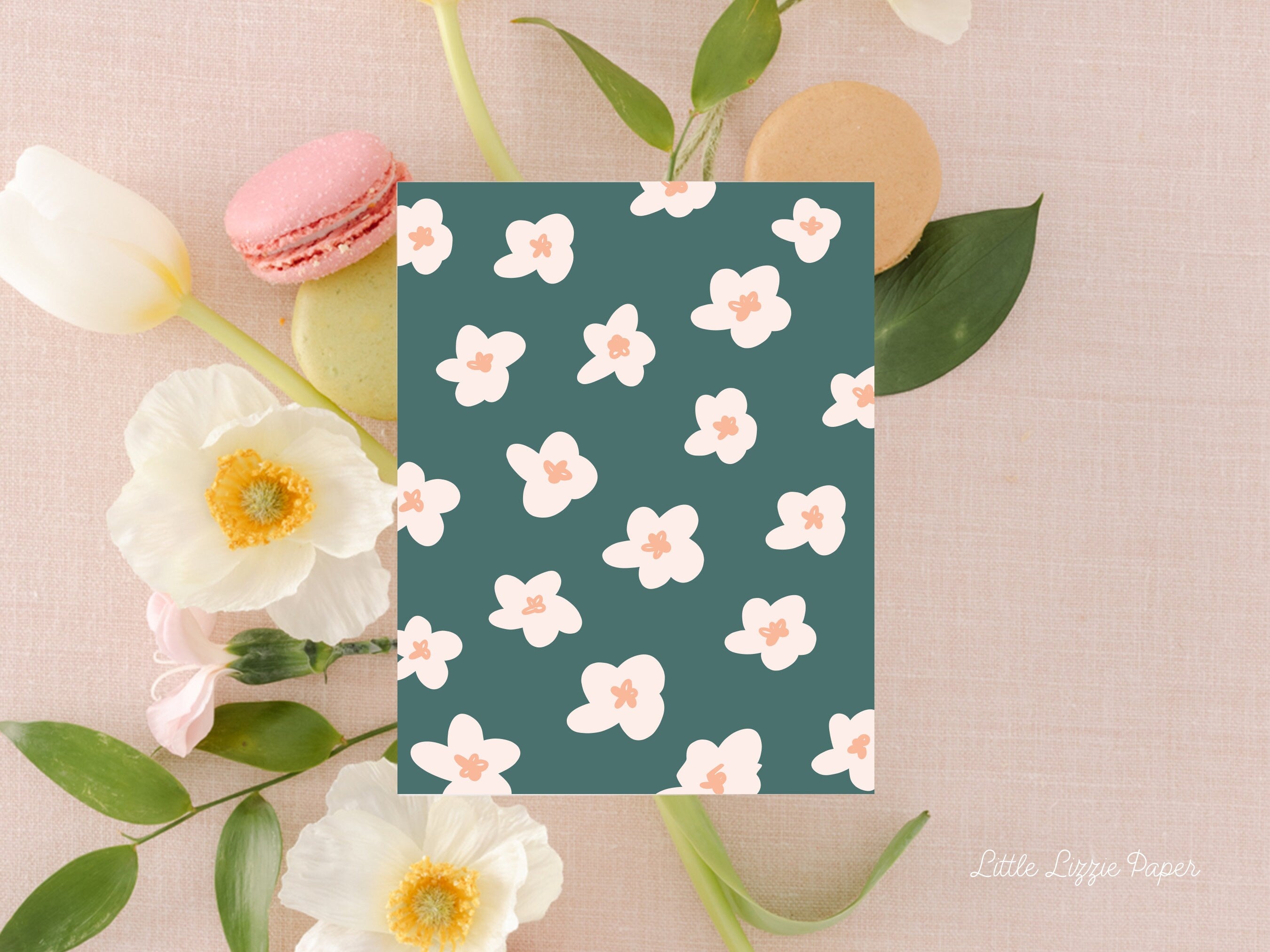 Teal Floral Card - Thank You Card – Birthday Card – Folded 4.25 x 5.5 Greeting Card – Social Stationery