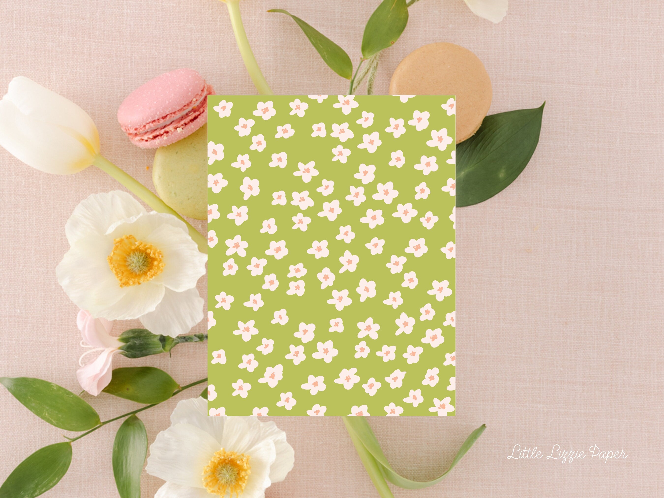 Green Floral Card - Thank You Card – Birthday Card – Folded 4.25 x 5.5 Greeting Card – Social Stationery