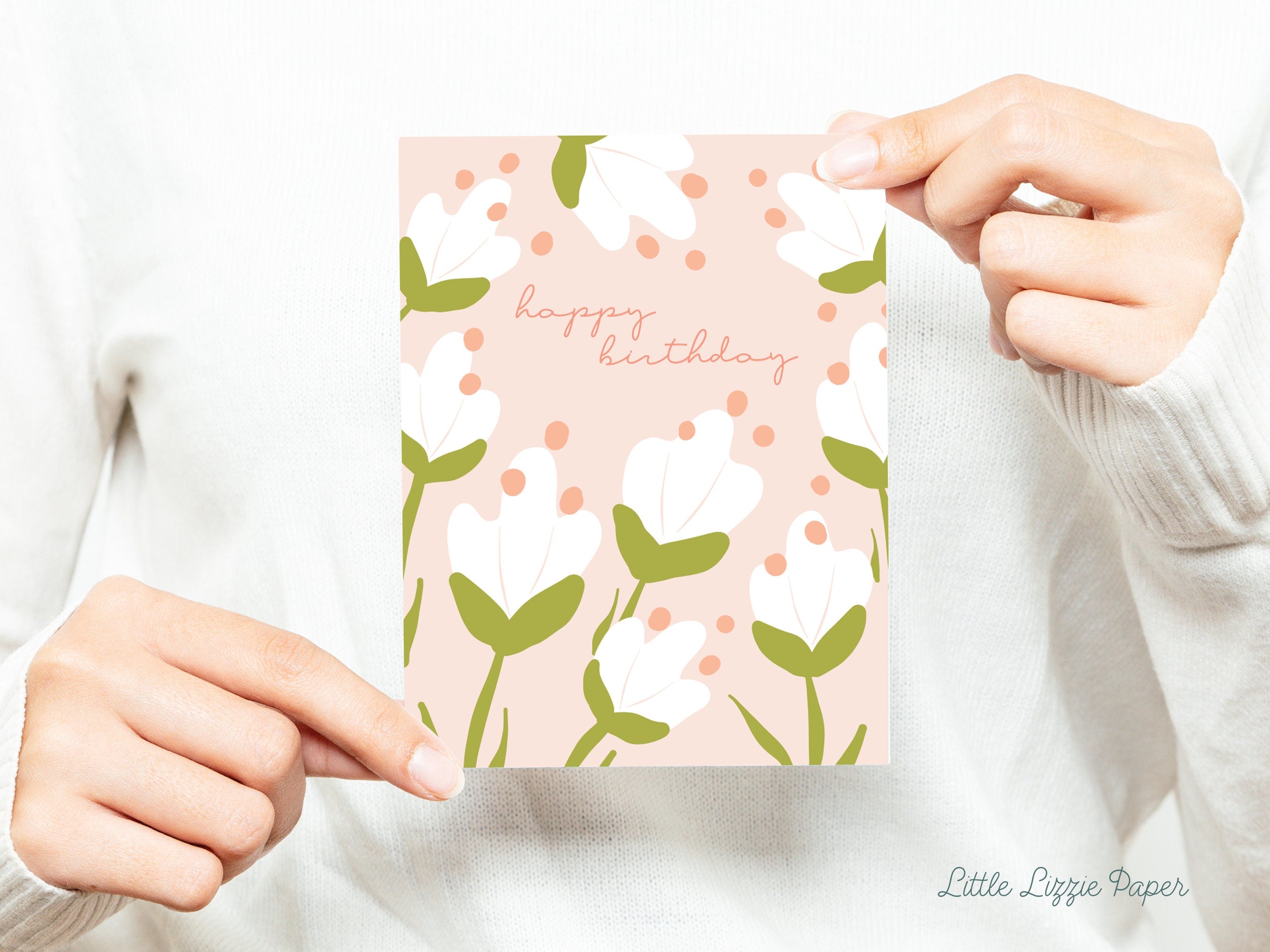 Happy Birthday White Floral Card – Birthday Card – Friendship Card – Folded 4.25 x 5.5 Greeting Card – Social Stationery