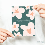 Happy Birthday Teal Floral Card – Birthday Card – Friendship Card – Folded 4.25 x 5.5 Greeting Card – Social Stationery