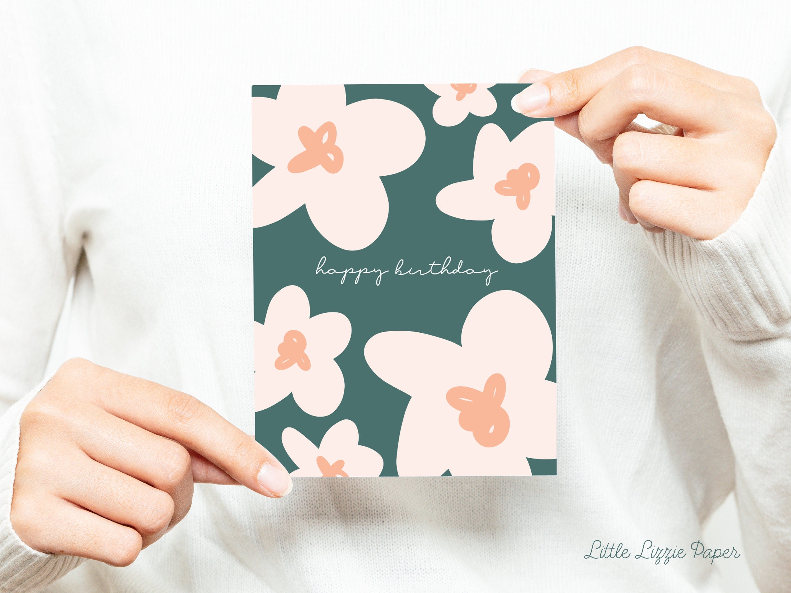 Happy Birthday Teal Floral Card – Birthday Card – Friendship Card – Folded 4.25 x 5.5 Greeting Card – Social Stationery