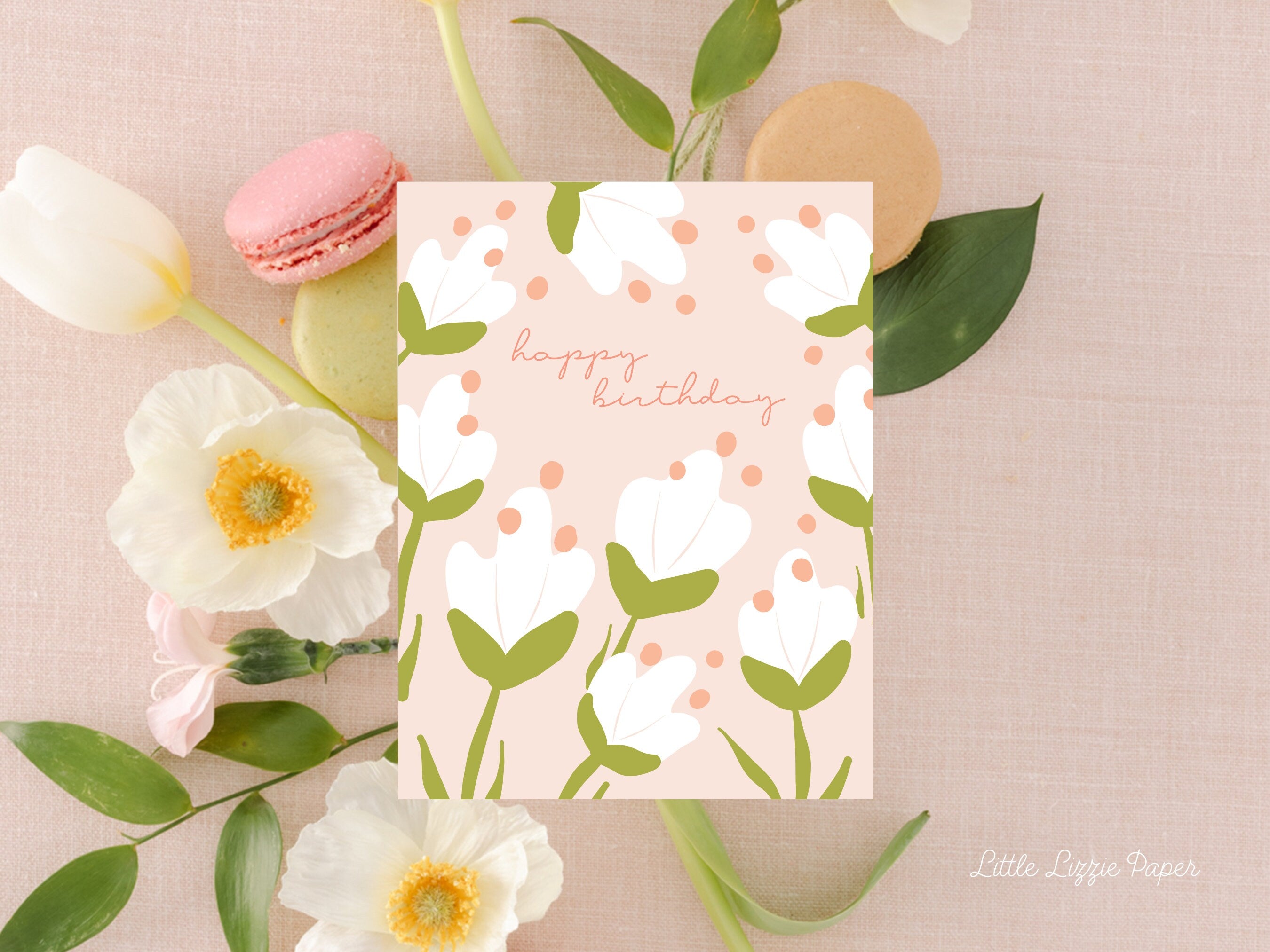 Happy Birthday White Floral Card – Birthday Card – Friendship Card – Folded 4.25 x 5.5 Greeting Card – Social Stationery