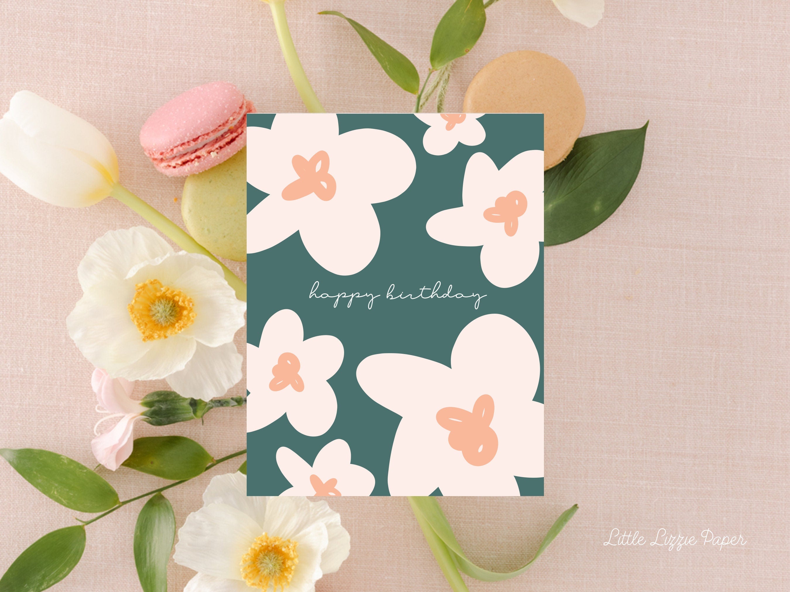 Happy Birthday Teal Floral Card – Birthday Card – Friendship Card – Folded 4.25 x 5.5 Greeting Card – Social Stationery